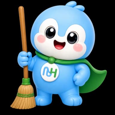 Namma Dot the penguin sweeping with a broom