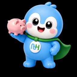 Namma Dot the penguin hugging a piggy bank